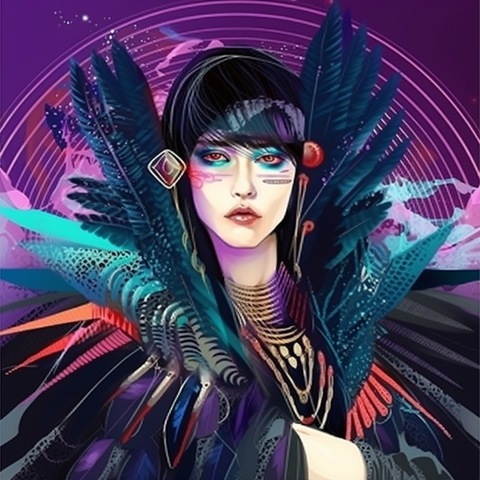 A portrait of the Morrigan, the Irish Celtic goddess of war and witchcraft, in the Futurism art style.