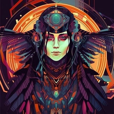 A portrait of the Morrigan, the Irish Celtic goddess of war and witchcraft, in the Futurism art style.