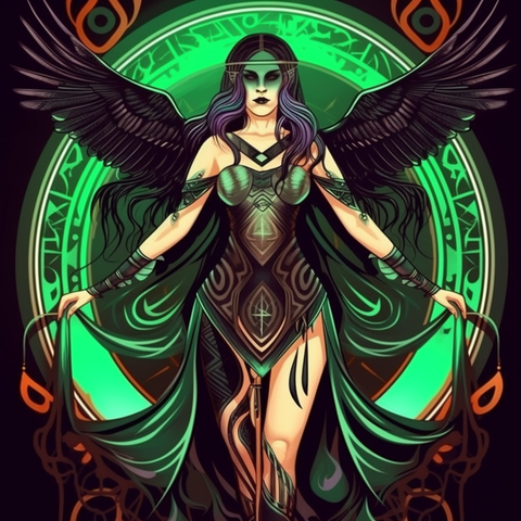 A portrait of the Morrigan, the Irish Celtic goddess of war and witchcraft, in the Futurism art style.