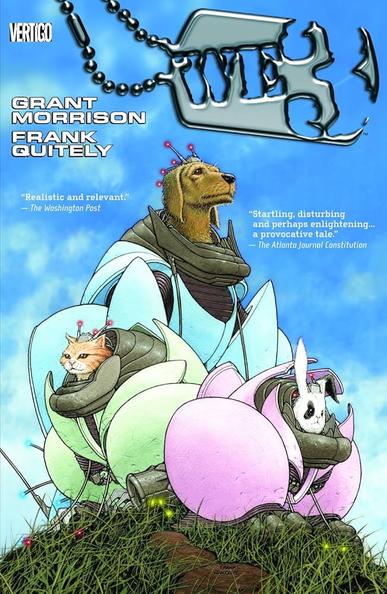 Cover for the famous graphic novel We3 by Grant Morrison and Frank Quitely, featuring a dog, cat and rabbit in cybernetically controlled armoured fighting suits.