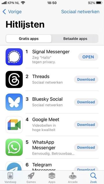 Screenshot showing the Dutch App store featuring Signal at #1 for social networking apps, above Threads, Bluesky, Google Meet, WhatsApp, and Telegram