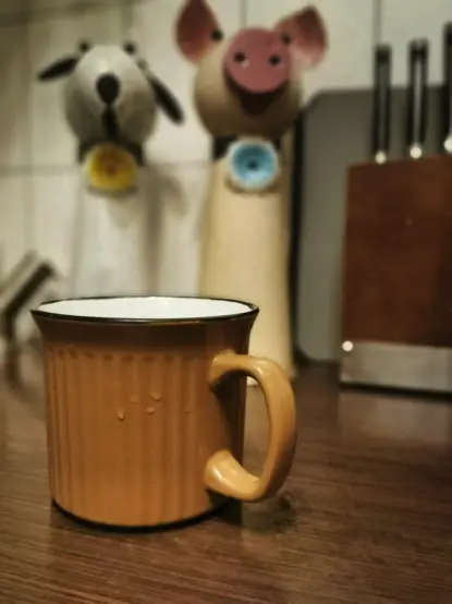 Im Vordergrund ein 500ml fassender Kaffepott aus Porzellan, außen ockerbraun, innen weiß. Dahinter, leicht unscharf ebenfalls auf der braun gemaserten Küchenarbeitsplatte 2 weinflaschengroße Figuren aus Blech, eine mit einem Schweinkopf, die andere mit einem Schafskop aus Blech geformt und entsprechend bemalt. Daneben am rechten Bildrand Teil eines Messerblocks mit 3 sichtbaren Messergriffen