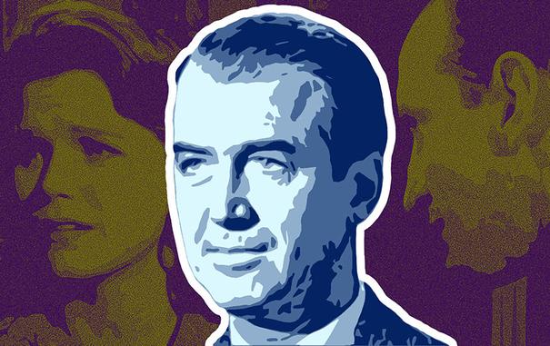 Jimmy Stewart in Anatomy of a Murder. Just his head and shoulders. He is looking slightly to his right. He is rendered in shades of blue and cyan. The background is faint portraits of Lee Remick and George C. Scott, rendered in magentas and yellows.
