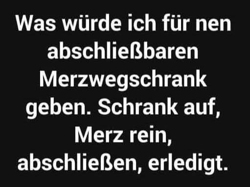 Schwarzer Hintergrund mit Text :"Was würde ich für nen
abschließbaren
Merzwegschrank
geben. Schrank auf, Merz rein,
abschließen, erledigt."