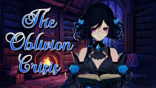 A vtuber with black hair tied in two two low buns, with a dark grey and blue outfit. She stands within a cozy library with a fire in the fireplace, bookshelves crammed with books, and a large window spanning from the floor to nearly the ceiling.

Text in the left half of frame reads "The Oblivion Crisis"