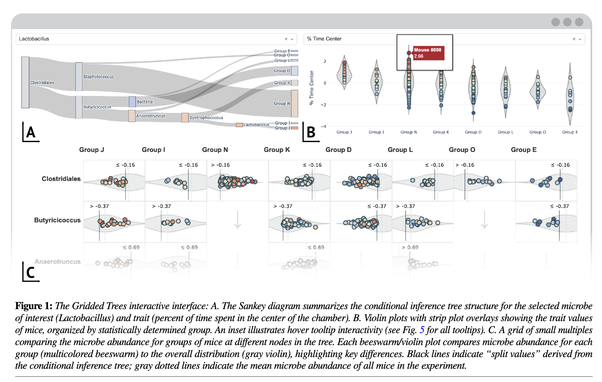 The Gridded Trees interactive interface: A. The Sankey diagram summarizes the conditional inference tree structure for the selected microbe
of interest (Lactobacillus) and trait (percent of time spent in the center of the chamber). B. Violin plots with strip plot overlays showing the trait values
of mice, organized by statistically determined group. An inset illustrates hover tooltip interactivity (see Fig. 5 for all tooltips). C. A grid of small multiples
comparing the microbe abundance for groups of mice at different nodes in the tree. Each beeswarm/violin plot compares microbe abundance for each
group (multicolored beeswarm) to the overall distribution (gray violin), highlighting key differences. Black lines indicate “split values” derived from
the conditional inference tree; gray dotted lines indicate the mean microbe abundance of all mice in the experiment.