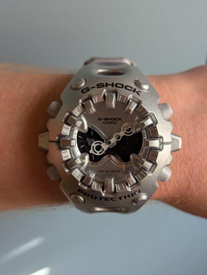 A silver Casio G-Shock GA-V01 watch.