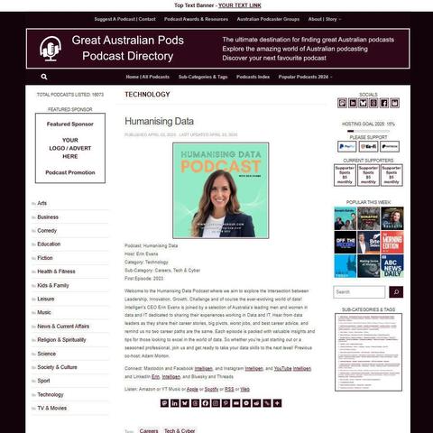 Humanising Data
Screenshot of the podcast listing on the Great Australian Pods website