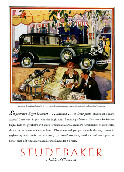 A well dressed couple sits on a settee. There are golf clubs nearby and they are looking over their scores. Behind them is a large automobile from the 1930s.
