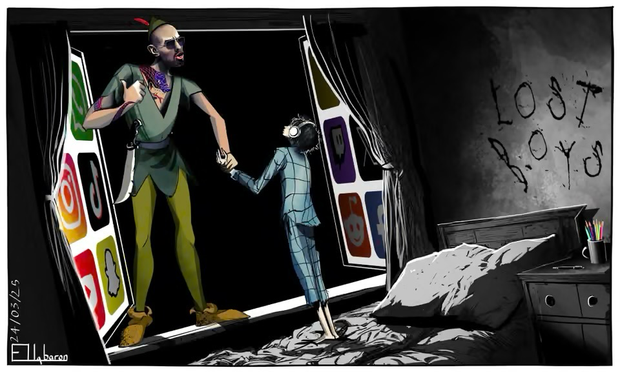 Cartoon, Andrew Tate in bright colours reaches out to a boy, helping him step out of a dark world.