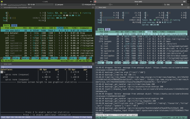 iTerm shows on the top left the OVH 2-core cheap instance as front end (canada), three other panes show logs, htop and bmon on container runing snac