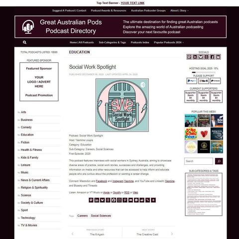 Social Work Spotlight
Screenshot of the podcast listing on the Great Australian Pods website