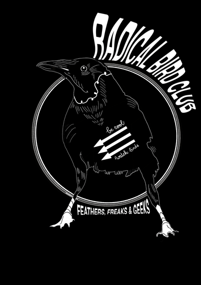 logo for the now-sadly-deceased radical bird club pictures a crow against a circle outline on a black background.
on the crow's chest, there are three arrows (a symbol originated by the SDP which represents resistance against fascism). above the first arrow are the words 'be cool'. beneath the third arrow is written 'watch birds'. 
to the right of the bird's head, in a curve above the circle, are the words 'radical bird club'.
the art is in digital ink & in black & white.