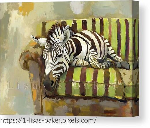 An art print of a Zebra crashed out on a green and brown striped couch. Art by Lisa S Baker.