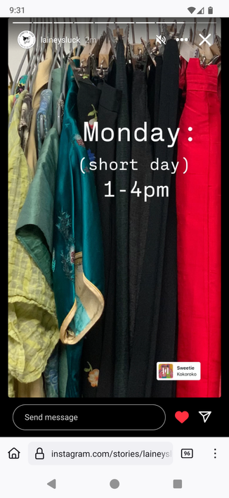 an insta screenshot of a row of dresses and text overlaid readi g Monday (short day) 1-4pm