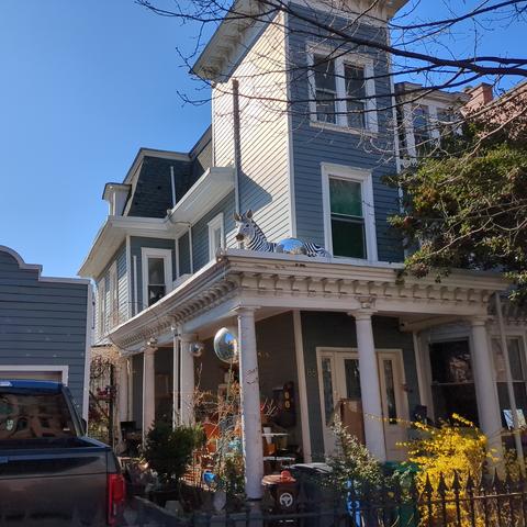 Photograph of a powder blue slat home with a columned portico in Clinton Hill. On the portico is a zebra figure, about three feet long, in the center of the image.