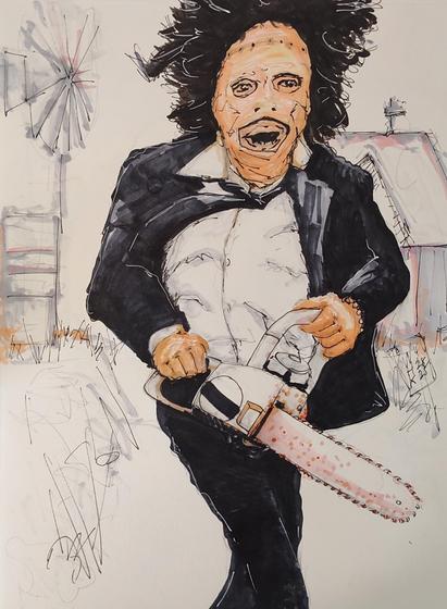 A poorly drawn ripoff of the classic Leatherface shot; a crazy-haired person in a mask-face made of human skin, wearing a black suit, running down a farm road carrying a chainsaw, with a windmill and farmhouse faintly visible in the background. The drawing is done with crazy pen and marker strokes, scribbles, and blotchy color. It is mostly black and white, with some leathery sepia color on the face and hands, spatters of red and brown on the chainsaw blade, and some of those same colors bleeding into the edges of shadows and lines in the background.