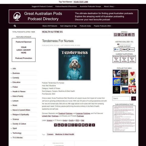 Tenderness For Nurses
Screenshot of the podcast listing on the Great Australian Pods website