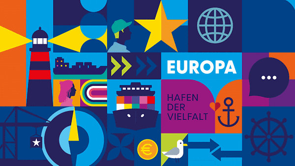 Plakat zur Europawoche in Hamburg: Illustration mit maritimen Motiven und Text: "Europa - Hafen der Vielfalt" Bild: © Senatskanzlei Hamburg