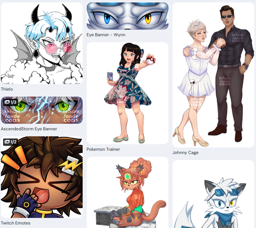 A collection of my recent artworks for commissions. Some eye banners, emotes, OCs, and fanart