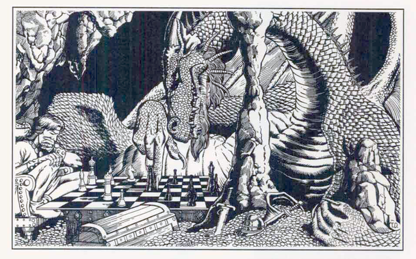 Auf einem Hügel von Gold sitzt ein Mensch der gegen einen Drachen Schach spielt