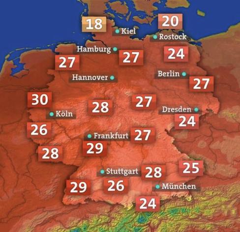 Wetterkarte der Tagesschau mit erwarteten Temperaturwerten für den 1. Mai 2025 in Deutschland. Die Karte ist überwiegend rot gefärbt. Für Nord- und Ostsee werden 18-20 Grad, am Alpenrand 24-26 Grad vorhergesagt. In der Mitte Deutschlands 24-28 Grad, an der Grenze zu Frankreich bis zu 30 Grad (jeweils in Celsius).