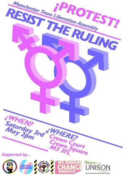 A poster in pink and blue text on a white background, prominently featuring two transgender logos. The information from the poster is in the toot.