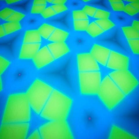 Kaleidoscopic patterns in blue and green, view is in perspective