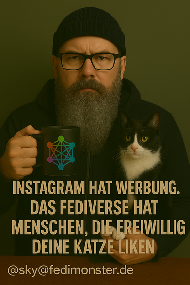 Eine ernst blickende Person mit Brille, Mütze und Vollbart sitzt vor olivgrünem Hintergrund. Die Person trägt einen schwarzen Hoodie und hält in der rechten Hand eine schwarze Tasse mit einem bunten Fediverse-Logo. Auf dem Schoß sitzt eine schwarz-weiße Katze mit aufmerksamem Blick. Die linke Hand der Person hält die Katze sanft fest.

In großen beige-grauen Buchstaben steht auf dem Bild:
„Instagram hat Werbung. Das Fediverse hat Menschen, die freiwillig deine Katze liken“