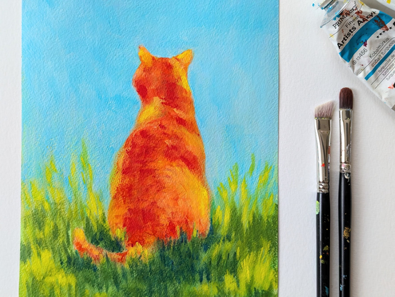 Rote Katze in der grünen Wiese ist ein Acrylgemälde im Hochformat handgemalt von der Künstlerin Karen Kaspar.
Eine rot-orange getigerte Katze sitzt friedlich auf einer üppig grünen Wiese und blickt in einen klaren blauen Himmel. Die ruhige Umgebung wird durch kleine rote Blumen, die im Gras verstreut sind, hervorgehoben.