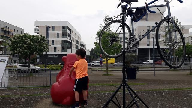 Un enfant en t-shirt jaune et short noir joue près d'un gros chien rouge et d'un vélo monté sur un pied d'atelier.