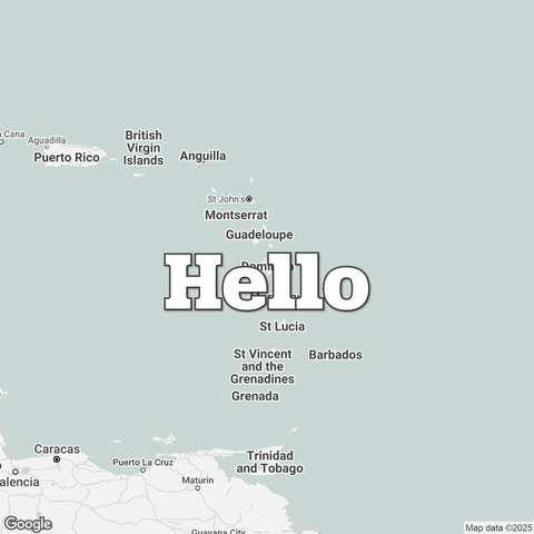 Map of Dominica overlaid with a translation of the word "hello": Hello.