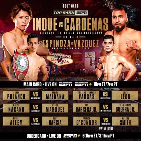 ESPN fight card for Sunday May 4, 2025, featuring Naoya “Monster” Innoue and Ramon Cardenas in the headline bout.