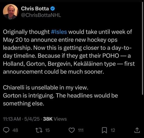 Sounds like we will have some news on a hire real soon. I like the approach of the POHO being hired first and then hiring the GM and the GM hiring his coaching staff