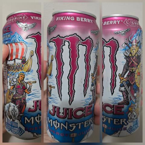 Collage of three photographs oriented horizontally. Each of them shows a vertical image of a different angle of the same can of Viking Berry Juice Monster. The left image shows the left side of the can with a female Viking holding an axe over her shoulder with a wolf in front of her, behind her is the sea and a Viking ship in the distance. The central image, which is wider, shows the can head on with a pink skyline and ocean behind a pink Monster energy "M" logo that looks like three claw-marks with the words "Juice Monster" beneath it and "Viking Berry" at the top. The right image shows the same can turned again and it shows a male Viking with a sword and shield in hand on a shore with the sea behind him.