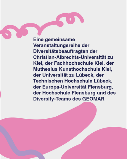 dunkelblauer Text auf rosa Hintergrund: Eine gemeinsame Veranstaltungsreihe der Diversitätsbeauftragten