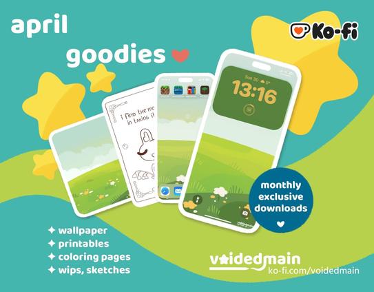 Promotional image showcasing April goodies from Ko-fi, featuring digital items like wallpapers and coloring pages. Includes a phone mockup displaying a nature-themed design.