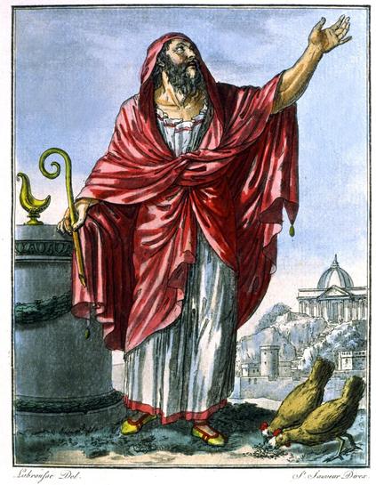A Roman augur sees the future in the movement of chickens. Illustration by Jacques Grasset de Saint Sauveur.