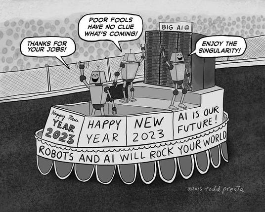 Single panel cartoon of robots on a New Year's Day Parade float.