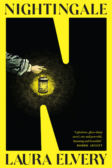 Book cover: Nightingale by Laura Elvery. It's bright yellow with a large black N in the middle creating negative space with an arm holding a lantern coming into frame