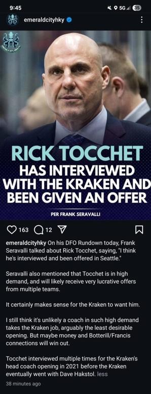 [Emerald City Hockey] Rick Tocchet has interviewed with the Kraken and been given an offer (per Frank Seravalli)