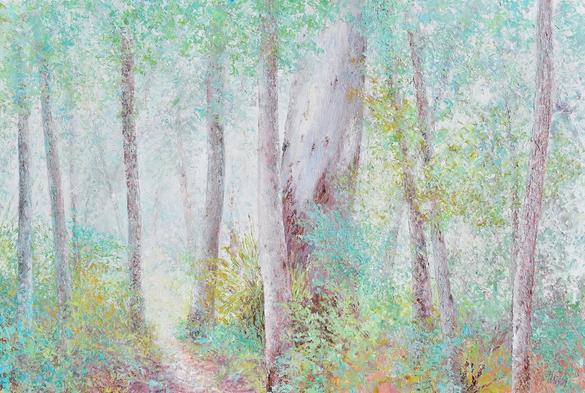 A landscape painting with towering gum trees framing a narrow dirt track, leading the eye into a softly lit clearing beyond. The dappled light filters through eucalyptus leaves, casting delicate shadows across the track. There is one very large old gum tree to the right of the path, while the others are narrow and straight.