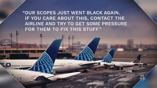 Screenshot from Meet the Press. It shows a line of jets on a wet tarmac. There is a quote typed above the aircraft that says, “Our scopes just went black again. If you care about this, contact the airline and try to get some pressure for them to fix this stuff.”