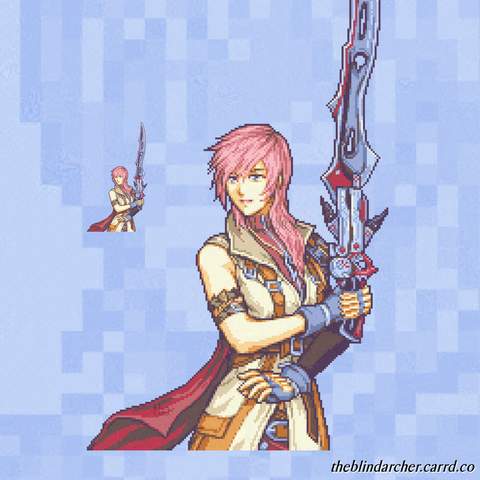 A 16-bit pixel art half-body portrait of a fair-skinned woman with rose pink hair and blue eyes.  She's wearing a long beige sleeveless jacket with a dark red turtleneck on underneath, and has two blue gloves.  On one arm she has long black sleeve and a shoulder pad, and on the other she has two straps around her bicep.  From her back flows a long red scarf.  She's posed looking over her shoulder with her arms crossing in front of her abdomen.  In one hand she's holding a blade with sci-fi aesthetics to its design.  The art is of the character Lightning from Final Fantasy XIII