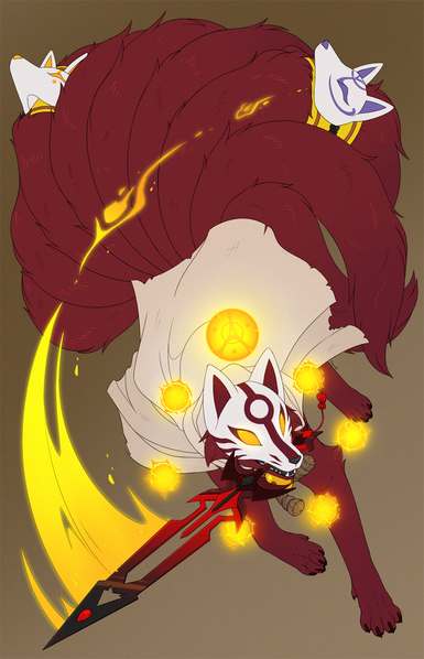 Digital drawing of a deep red fox character, with nine tails (two of them decorated with japanese fox masks), yellow glowing eyes and a white mask with red details. He is wearing an off-white cloak and is branding a black and red sword with his mouth, lashing an attack. There are seven yellow energy orbs arround his head.