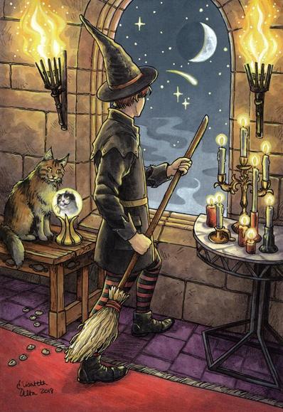 Ink and watercolor illustration of a witch (masculine in appearance) holding a broomstick, about to jump out of a window. Inside the room they are in, there's a cat looking at another cat in a crystal ball and lit torches and candles.