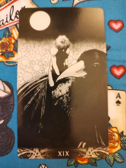 Card from the Murder of Crows Tarot deck. 
The Sun-XIX. 
A person mounted on a flying crow, we see flowers below, sunflowers, the sun in the sky behind them.