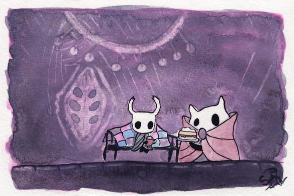 Watercolour painting of the Distant Village in Hollow Knight. The Knight is sitting on the bench, which is draped with a colourful crochet blanket, and holding a mug of hot chocolate. A stout villager wearing red robes brings a Victoria sponge cake on a blue plate.