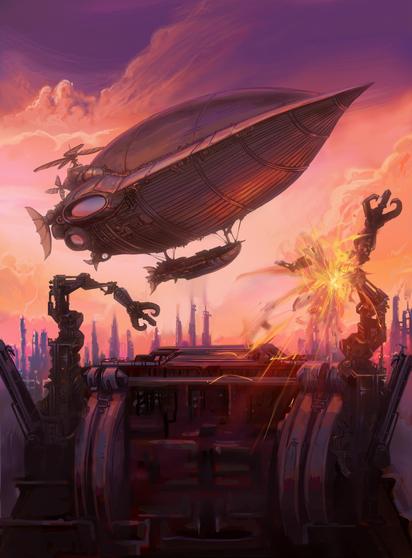 Digital painting of a zepplin airship from FFVI evading some mechanical robot arms and destroying them. Sunset lighting.