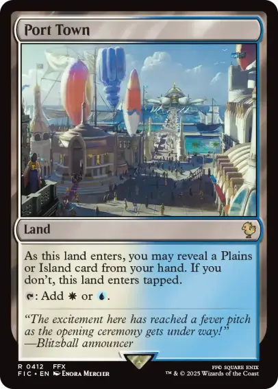 magic the gathering card. port town, land. As this land enters, you may reveal a plains or island card from your hand, if you don't, this land enters tapped. 
The art depicts Luca, a port town where there is the blitzball stadium in Final fantasy X